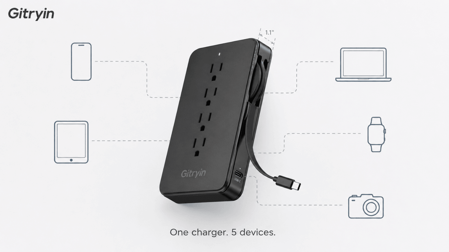 5-in-1 GaN charger with built-in retractable cable for travel